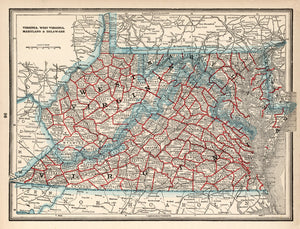 Vintage Map of Virginia, West Virginia, Maryland & Delaware 1893