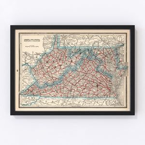 Vintage Map of Virginia, West Virginia, Maryland & Delaware 1893