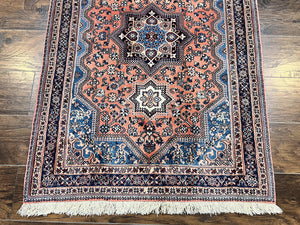 Persian Shiraz Rug 3x5, Geometric Tribal Rug, Wool Hand Knotted Vintage Carpet, Light Red & Blue, Signed by Masterweaver
