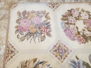 Needlepoint Rug 10x13 Vintage Carpet, Floral Panel Design, Beige, Multicolor Flowers, Handmade Hand Woven, Flatweave, No Pile, Wool