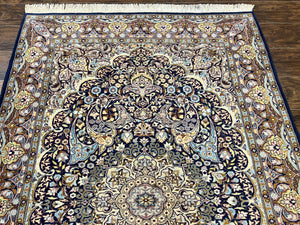 Pak Persian Rug 5x7, Navy Blue Hand Knotted Wool Oriental Carpet 5 x 7 ft, Floral Medallion, Traditional Vintage Pakistani Rug, 225 KPSI