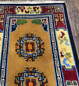 Vintage Chinese Art Deco Rug 3x6, Orange Dark Blue Maroon Chinese Peking Carpet, Asian Oriental Wool Rug, Bold Colors, Bedroom Rug, Hallway