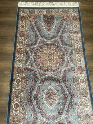 Turkish Silk Runner Rug 2.6 x 10, Light Blue Carpet, Bamboo Silk, New