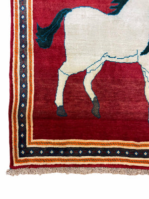 3.5 X 6 Handmade Hand-Knotted New Vintage Rug Quality Wool White Horses Red