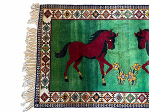 4 X 7 Handmade Rug Zagros Quality Wool Pictorial Horses Green Butterfly Colorful