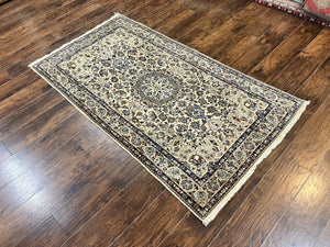 Persian Nain Rug 4x7, Floral Medallion Oriental Carpet 4 x 7 ft, Ivory Persian Rug, Handmade Hand Knotted Vintage, Wool & Silk Highlights, Birds