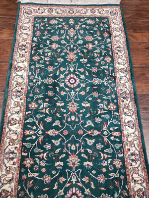 Extra Long Runner Rug 24 ft, Skinny & Long Rug for Hallway Corridor 2.6 x 24 Indo Persian Vintage Wool Rug Green and Cream Handmade Oriental