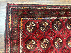 Persian Turkoman Tribal Rug 4x8, Handmade Vintage Wool Carpet, Red, Bohemian Rug