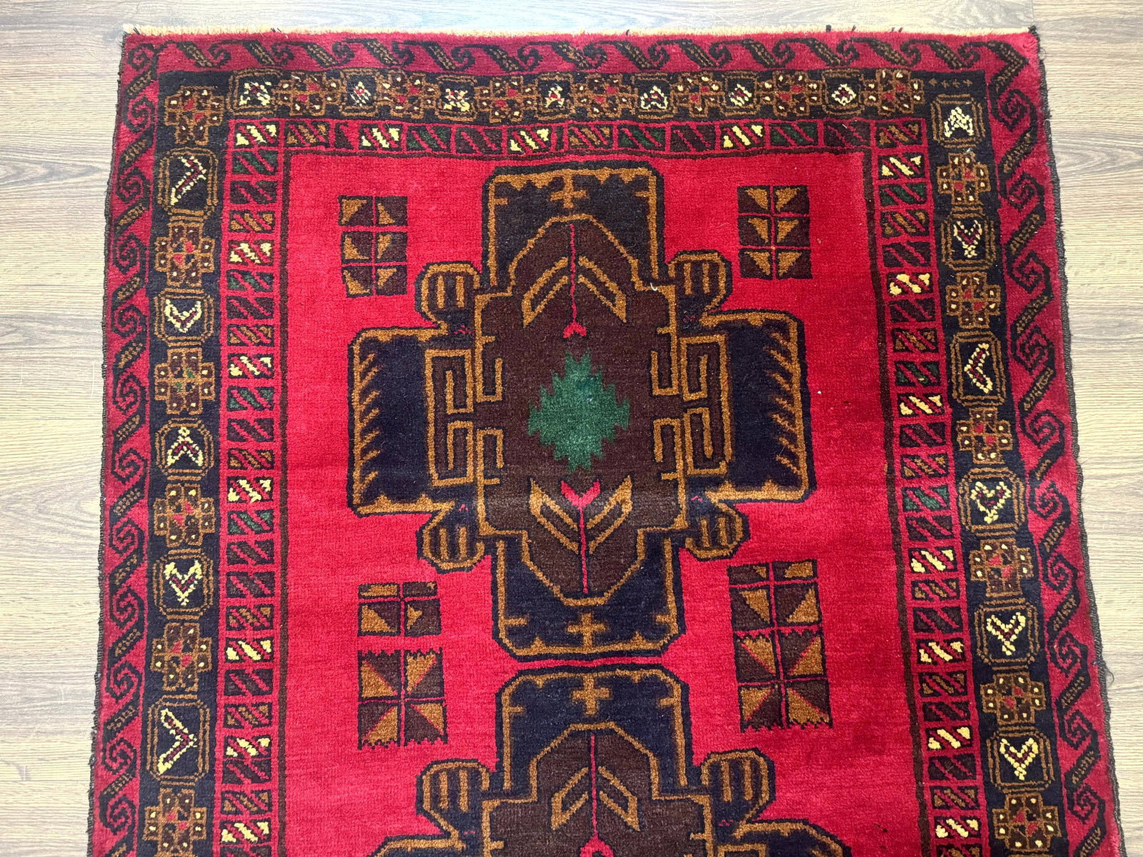 Red Afghan Balouch Rug 4x7, Triple Medallions, Handmade, New