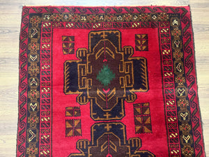 Red Afghan Balouch Rug 4x7, Triple Medallions, Handmade, New