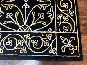 Tibetan Rug 8x10, Wool and Silk, Raised Pattern, Black and Gold, Floral