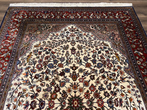 Beautiful Sino Persian Rug 7x10, Circle of Life Tree of Life Rug, Birds, Cream Red Navy Blue Taupe, Wool Silk Accents, Hand Knotted Vintage