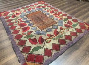 Vintage American Hooked Rug 6x7, Unique Colors, Red Lavender Cream, Abstract
