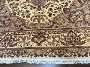 Vintage Sino Persian Rug 10x14, Room Sized Elegant Handmade Oriental Carpet 10 x 14, Floral Medallion Large Wool Rug with Silk Accents Beige