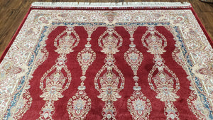 Dark Red Silk Carpet 5.3 x 7.6 ft, 5x8 Silk Rug, New Turkish Silk Carpet, Mint Condition, Beige & Red Area Rug, Bamboo Silk, High Quality