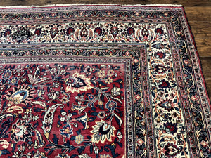 Antique Persian Mashad Rug 10x12, Red and Ivory, Signed by Master Weaver