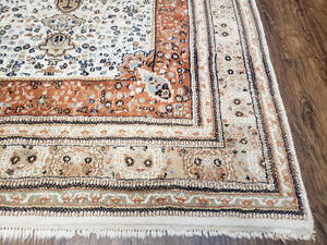 6x9 Vintage Indo-Persian Area Rug, Wool Hand-Knotted Carpet, Ivory & Squash Orange, Floral Medallion Tribal Rug, Indian Carpet, Decorative