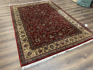 Vintage Indo Persian Rug 6x9, Very Finely Hand-Knotted Carpet 6 x 9 Red Cream Indian Oriental Carpet, Traditional Floral Wool Area Rug 1970s