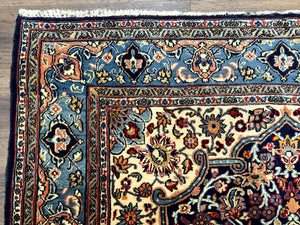 Persian Qum Rug 5x7 in Navy Light Blue and Ivory, Wool wilh Silk Highlights, 225 KPSI
