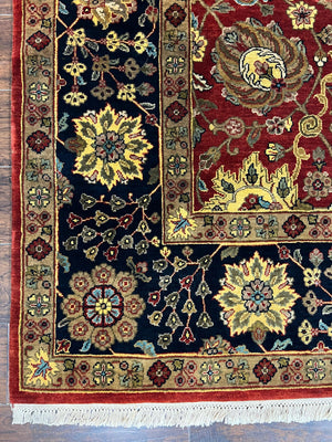 Indo Persian Rug 9x12, Hand Knotted Traditional Indian Wool Oriental Carpet 9 x 12 ft, Maroon and Navy Blue, Floral Allover 9x12 Vintage Rug