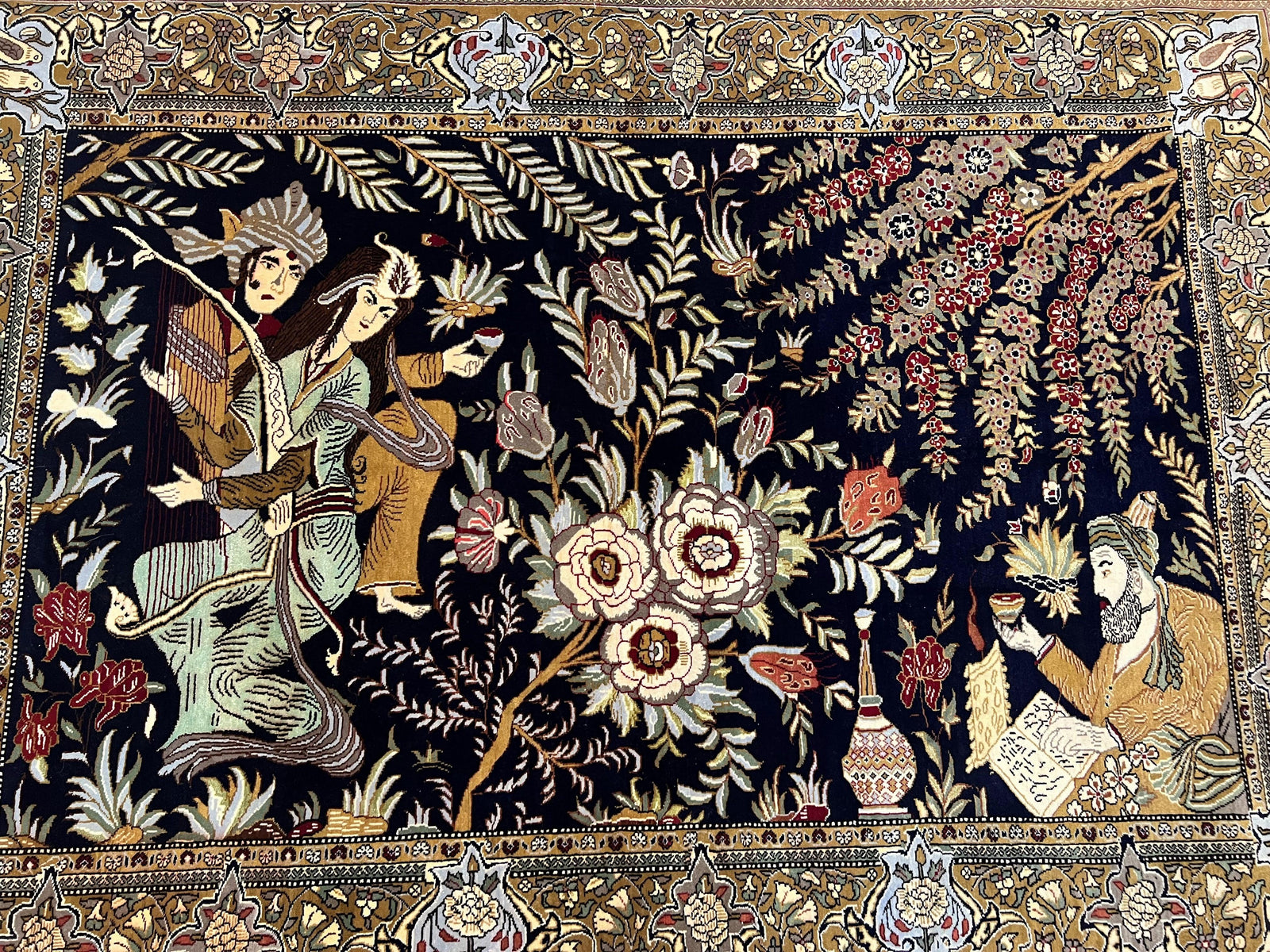 Persian Qum Pictorial Rug 4.8 x 6.5 - Layla & Majnun, Birds