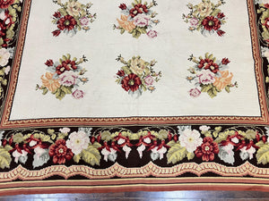Portuguese Needlepoint Rug 8x9, Vintage Rug 8 x 9 ft, Ivory Dark Brown Hand-Woven Wool Portuguese Carpet, European Rug