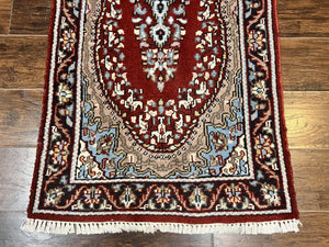 Indo Persian Runner Rug 2.8 x 14.8, Long Indo Kirman Hallway Rug, Red Floral Wool Vintage Handmade Oriental Runner