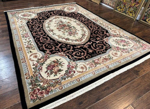 Aubusson Rug 8x10, Floral, Wool Pile, Elegant, European Design, Handmade, Fine