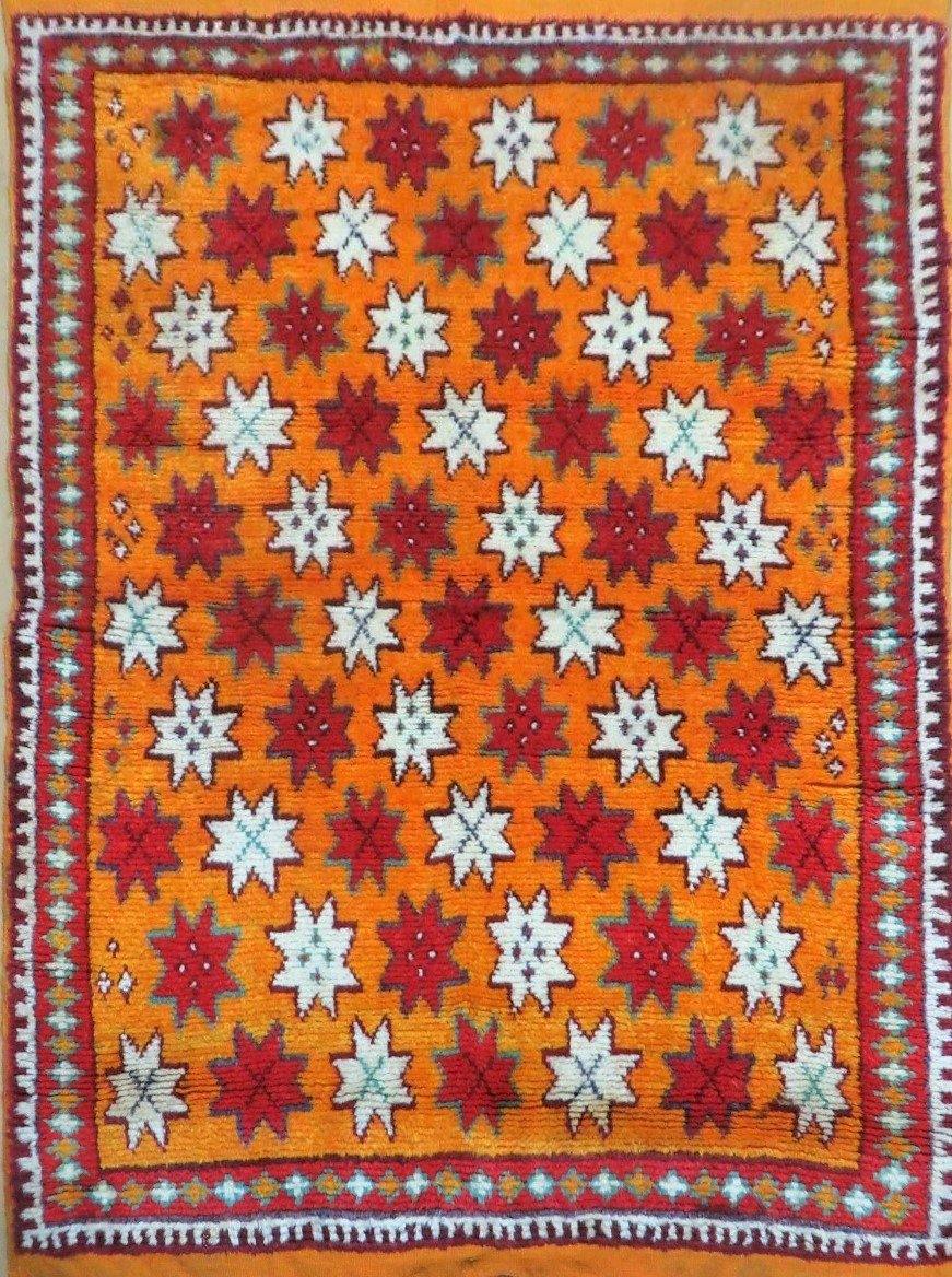 Vintage Moroccan Rug 4x5, Orange Ivory Red, Geometric Stars, Repeated Motif Allover, Hand Knotted Soft Wool Area Rug, Tribal Oriental Carpet