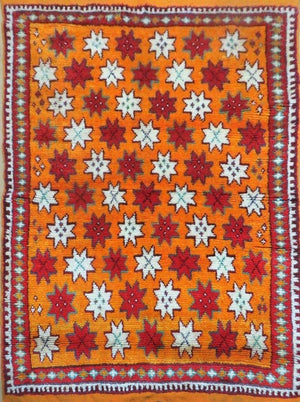 Vintage Moroccan Rug 4x5, Orange Ivory Red, Geometric Stars, Repeated Motif Allover, Hand Knotted Soft Wool Area Rug, Tribal Oriental Carpet