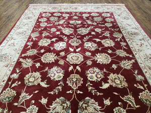 Vintage Traditional Oriental Area Rug, Hand-Knotted, Wool & Silk Accents, Maroon Red and Beige, 6x9 Carpet, 5' 9" x 9'