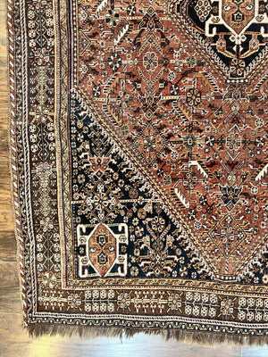 Antique Persian Shiraz Tribal Rug 6x8, Geometric Rug, Wool Handmade Hand Knotted Carpet, Red Blue