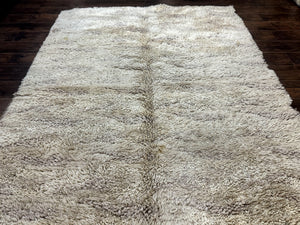 European Rya Shag Rug 6.6 x 9.7, Beige, Fluffy Vintage Area Rug