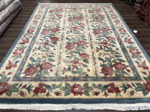 Chinese Wool Rug 8x11, Vintage 1960s Carpet, Cream and Teal, Floral Garden Panel, 8 x 11 ft Area Rug, Soft Handmade Room Sized 120 Line Rug