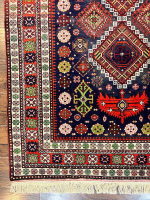Persian Afshar Tribal Rug 5x6, Geometric Pattern, Navy Blue Multicolor Antique Vintage Persian Carpet, Hand Knotted Handmade Wool Rug