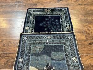 Antique Chinese Peking Rug 3x5, Dark Blue Chinese Wool Rug 3 x 5, Animal Pictorials Deer Birds, Handmade Asian Oriental Chinese Carpet