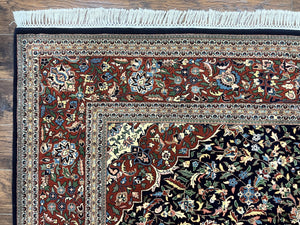 Indo Persian Rug 8x10, Floral Medallion, Vintage Handmade Wool Carpet, Navy Blue and Red, Fine 300 KPSI