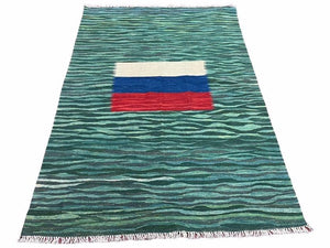Sea Green Kilim Area Rug, White Blue Red Stripes, Russian Flag Rug, Flatweave Hand Knotted Carpet, Turkish Carpet, Wool, New, 5' 6" x 7' 10"