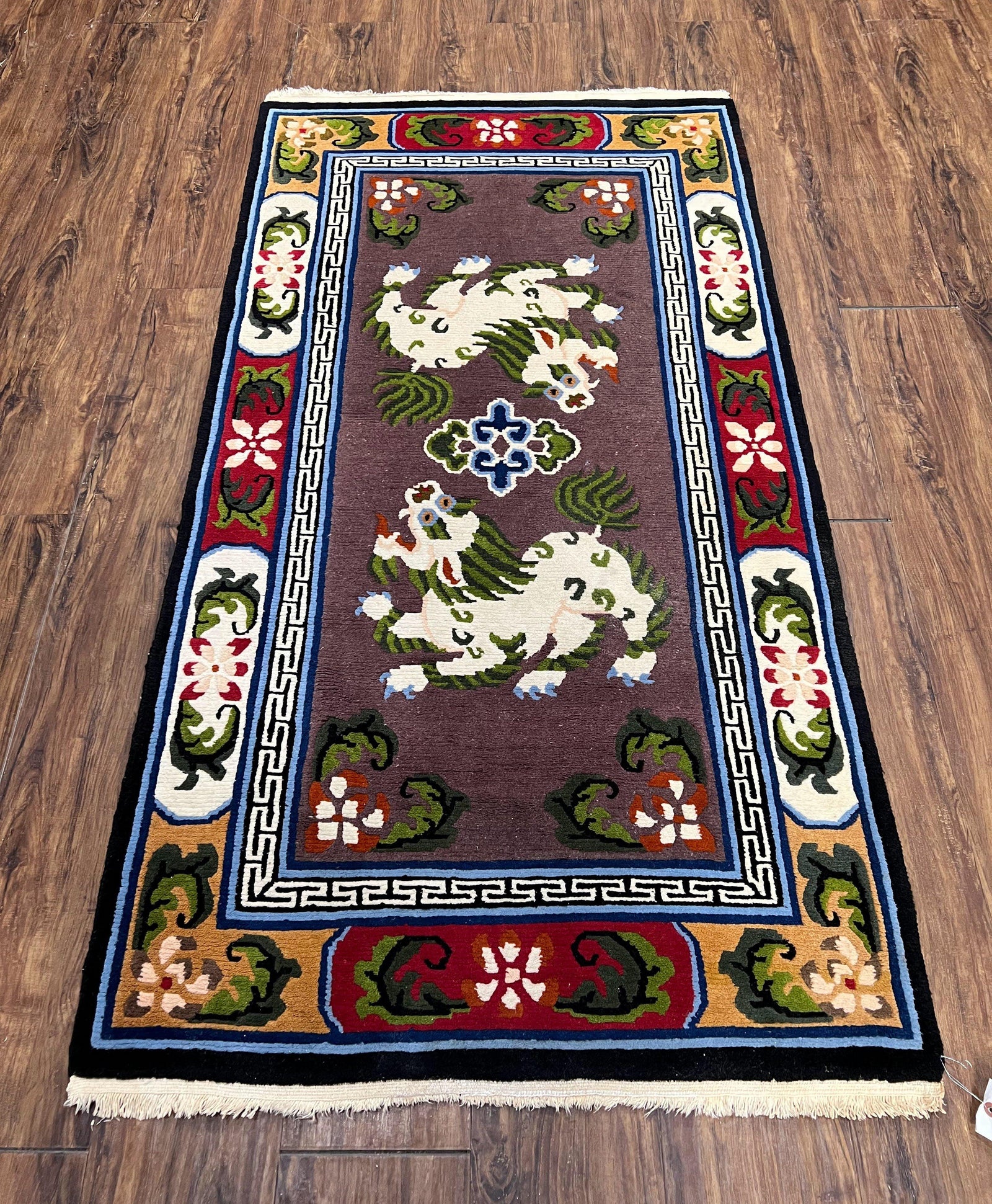 Chinese Art Deco Rug 3 x 5.5 with Animal Pictorials, Vintage Chinese Peking Wool Area Rug, Dark Puce Maroon Ivory, Hand Knotted Soft Carpet