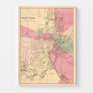 Vintage Map of Worcester, Massachusetts 1871