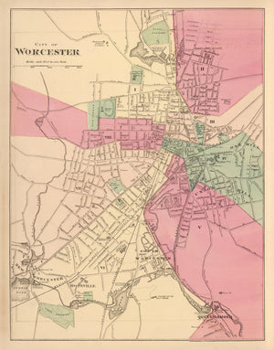 Vintage Map of Worcester, Massachusetts 1871