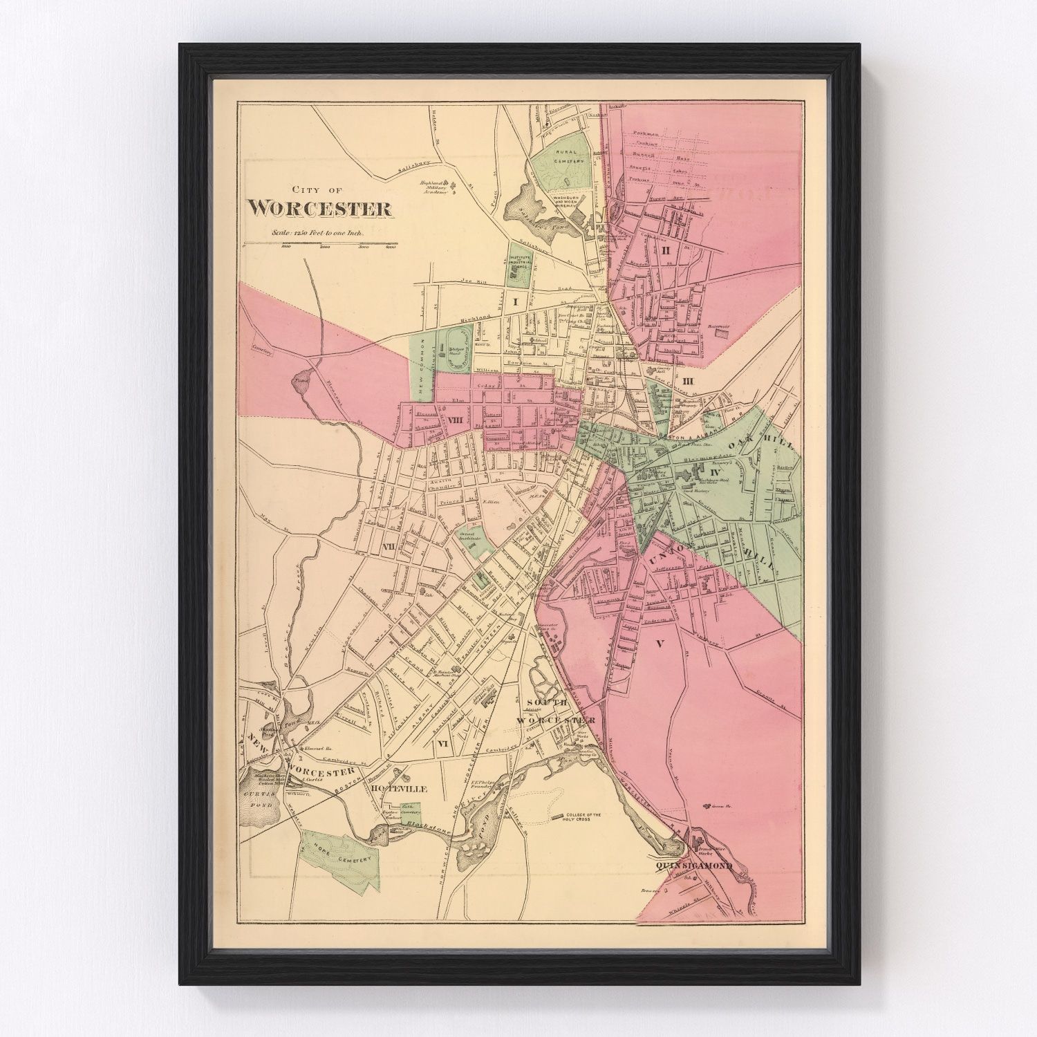 Vintage Map of Worcester, Massachusetts 1871