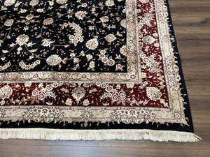 Sino Persian Rug 9x12, High Quality Oriental Carpet, Black and Maroon, Wool and Silk, Allover Floral Pattern, Hand Knotted, Vintage Rug Nice