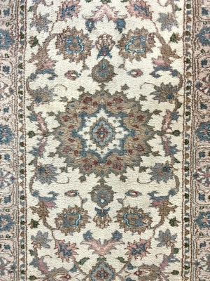 Indo Persian Runner Rug 2.5 x 9.5, Handmade Vintage Wool Rug for Hallway, Floral, Ivory