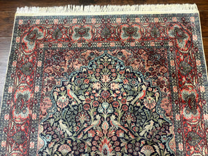 Silk Indian Kashmiri Rug 4x6, Tree of Life Pattern, Birds, Fine 290 KPSI, Navy Blue and Red, Handmade Oriental Carpet
