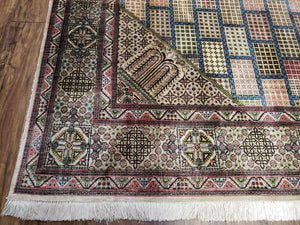 Sino Persian Silk Rug 6.4 x 9.9, Very Fine Hand Knotted Carpet, Panel Design Multicolor, Silk Pile on Silk Foundation, Handmade Vintage
