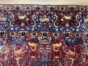 Antique Indo Persian Kerman Rug 9x12 Red Manchester Wool Animal Pictorials, Fine 290 KPSI