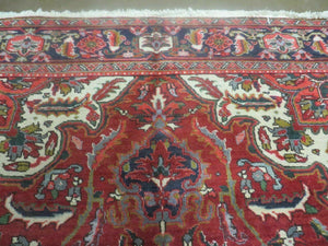 Persian Heriz Rug 7.5 x 10, Room Sized Heriz Ahar Carpet, Semi Antique Vintage Floral Large Medallion Rug, Red and Navy Blue, Hand Knotted Wool Rug