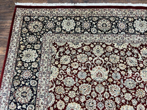 Sino Persian Rug 9x12, Floral Allover Pattern, Wool Vintage Carpet, Dark Maroon Red, 9 x 12 Traditional Room Sized Rug, Finely Hand Knotted