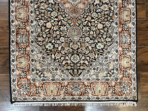 Silk Indian Kashmiri Rug 3x5, Indo Persian Silk on Silk Carpet, Very Fine 350 KPSI, Navy Blue, Handmade, Floral Medallion